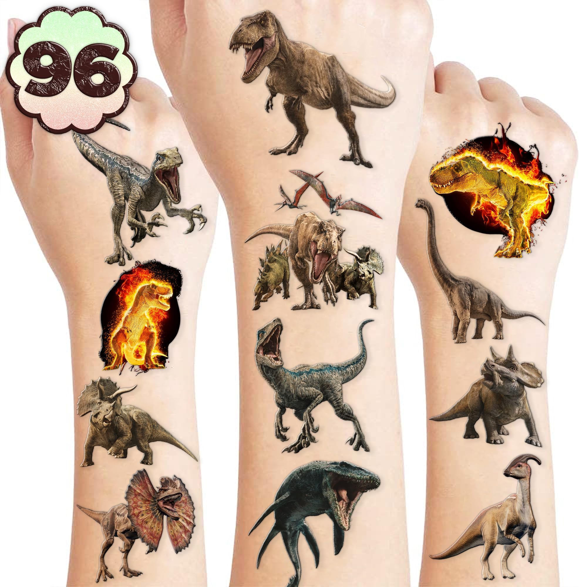 96PCS Dinosaur 3D Pre-Cut Temporary Tattoos - Stickers for Birthday Party Supplies, Decorations, and Favors - Super Cute Gifts for Kids, Boys & Girls, Classroom Prizes, and Themed (Normal)