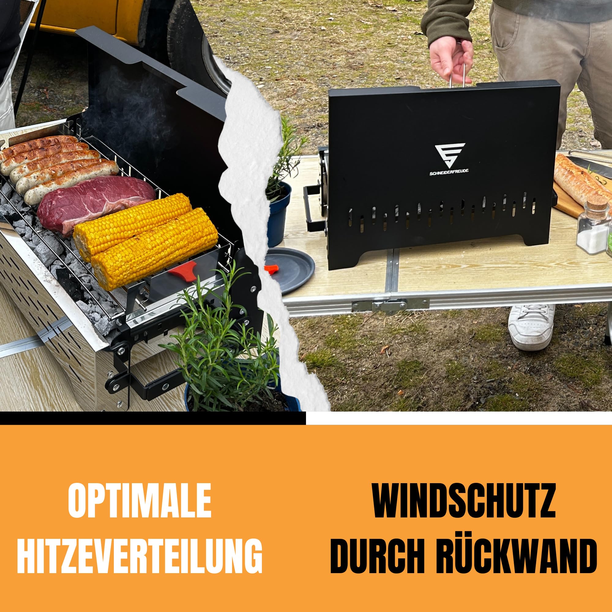 SCHNEIDERFREUDE Klappgrill 2.0: Höhenverstellbarer Camping-Grill mit Doppelfunktions-Zangen & Tasche – DEKRA-geprüfter Holzkohlegrill für Outdoor & BBQ