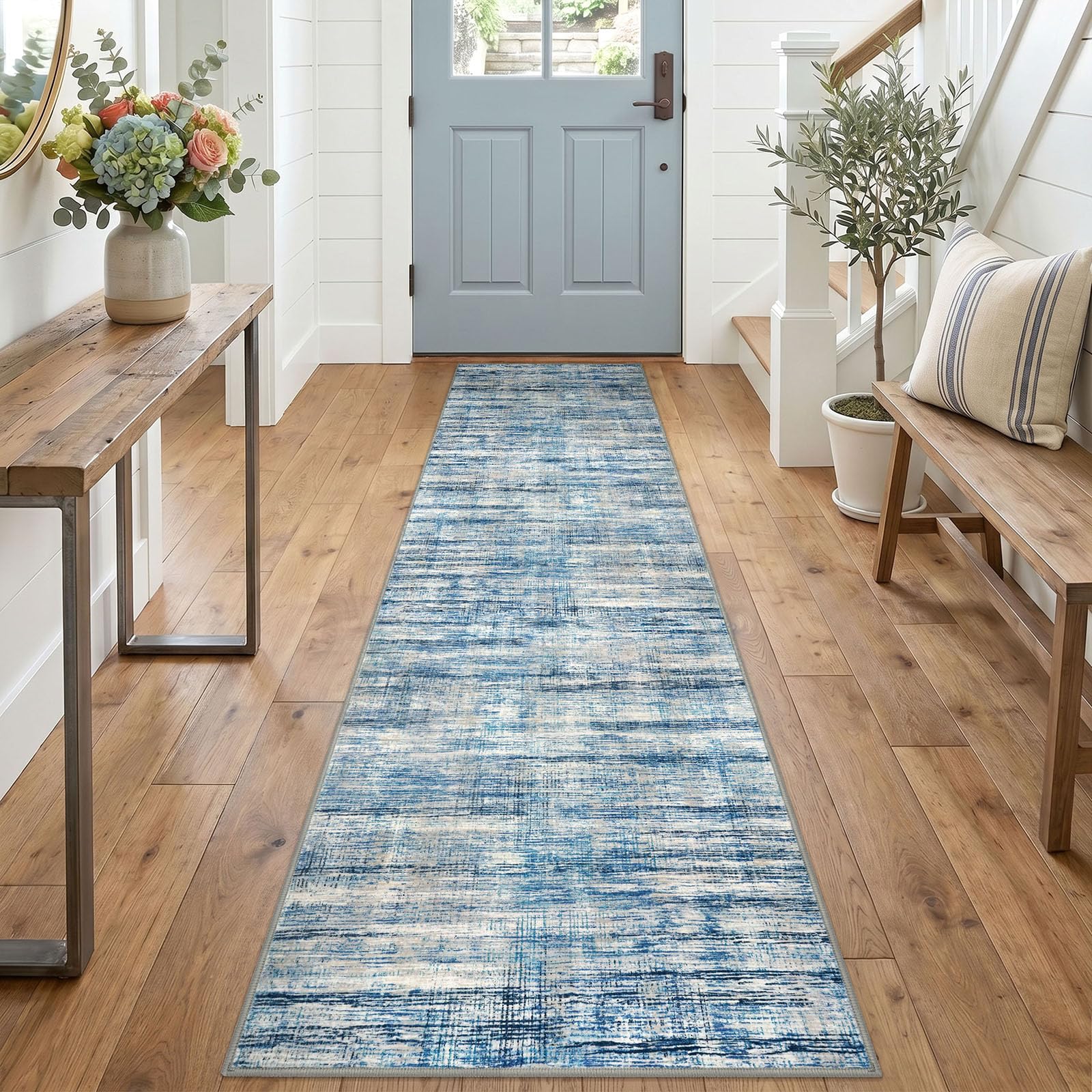 KOZYFLY Modern Washable Rug Runner 2x8 Hallway Runner Rug Blue Beige — image 1