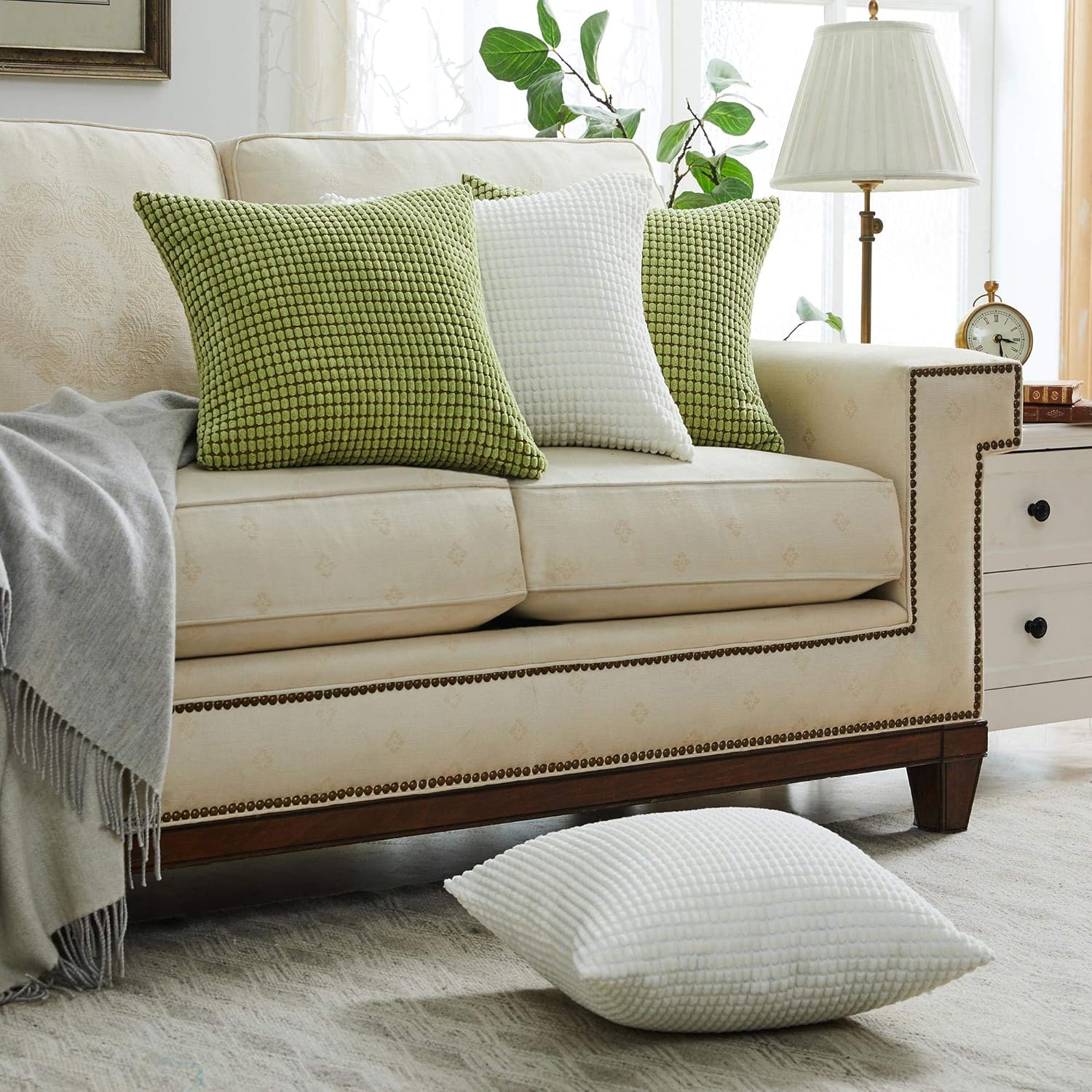 BeBen Throw Pillow Covers - Set of 2 Pillow Covers 20x20, Decorative Euro Pillow Covers Corn Striped, Soft Corduroy Cushion Case, Home Decor for Couch, Bed, Sofa, Bedroom, Car (Cream White, 20X20): Home & Kitchen