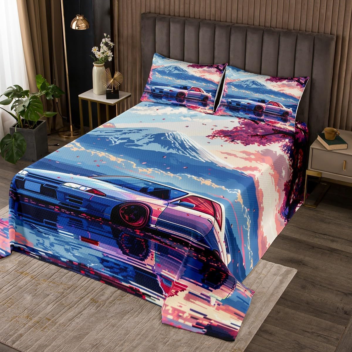Off-Road Truck Kids Bedspread Twin Size,Adventure Vehicle Extreme Sports Games Coverlet Set,Boys Men Room Decor,Western Tropical Desert Quilted Coverlet,Red Black Bedding Quilt,1 Pillowcase