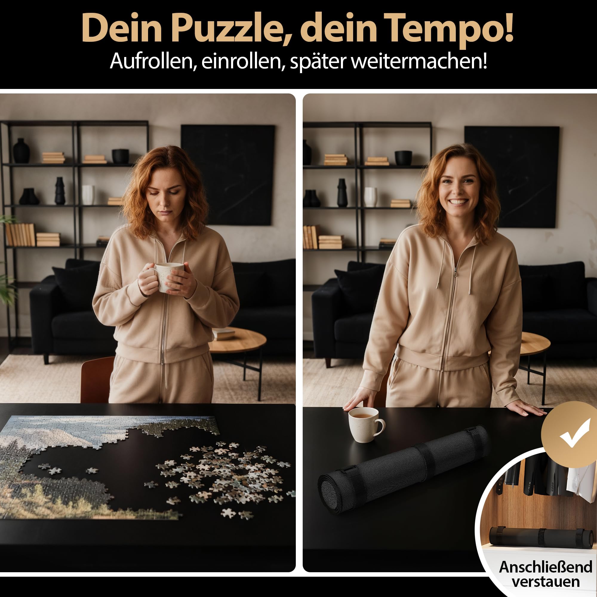 Puzzlematte 1500 Teile Premium - [EasySlide Oberfläche] - Aufrollbare Puzzleunterlage mit exakten Markierungen für 500 1000 & 1500 Puzzleteile - Puzzle Zubehör inkl. Aufbewahrungstasche & Puzzlerolle