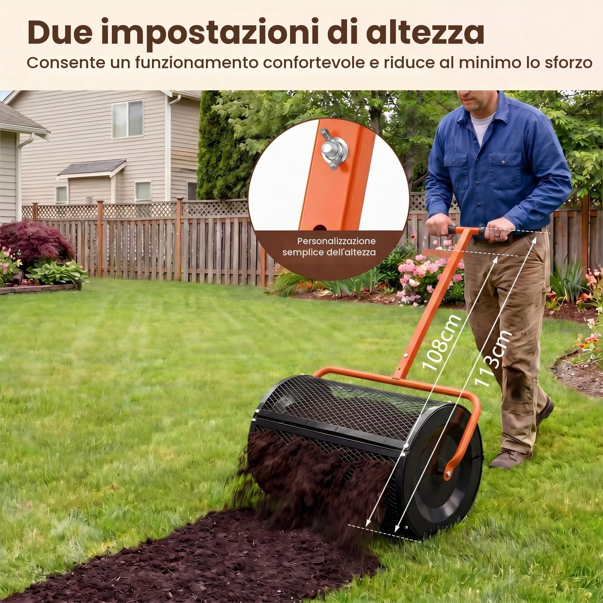 HOMASIS Spandiconcime a Rullo, Rullo da Giardino con Rete Metallica e Manico Regolabile in Altezza, Spanditore per Compost con Chiusure Laterali e Perno a Apertura a B per Cortile e Prato (Arancione)
