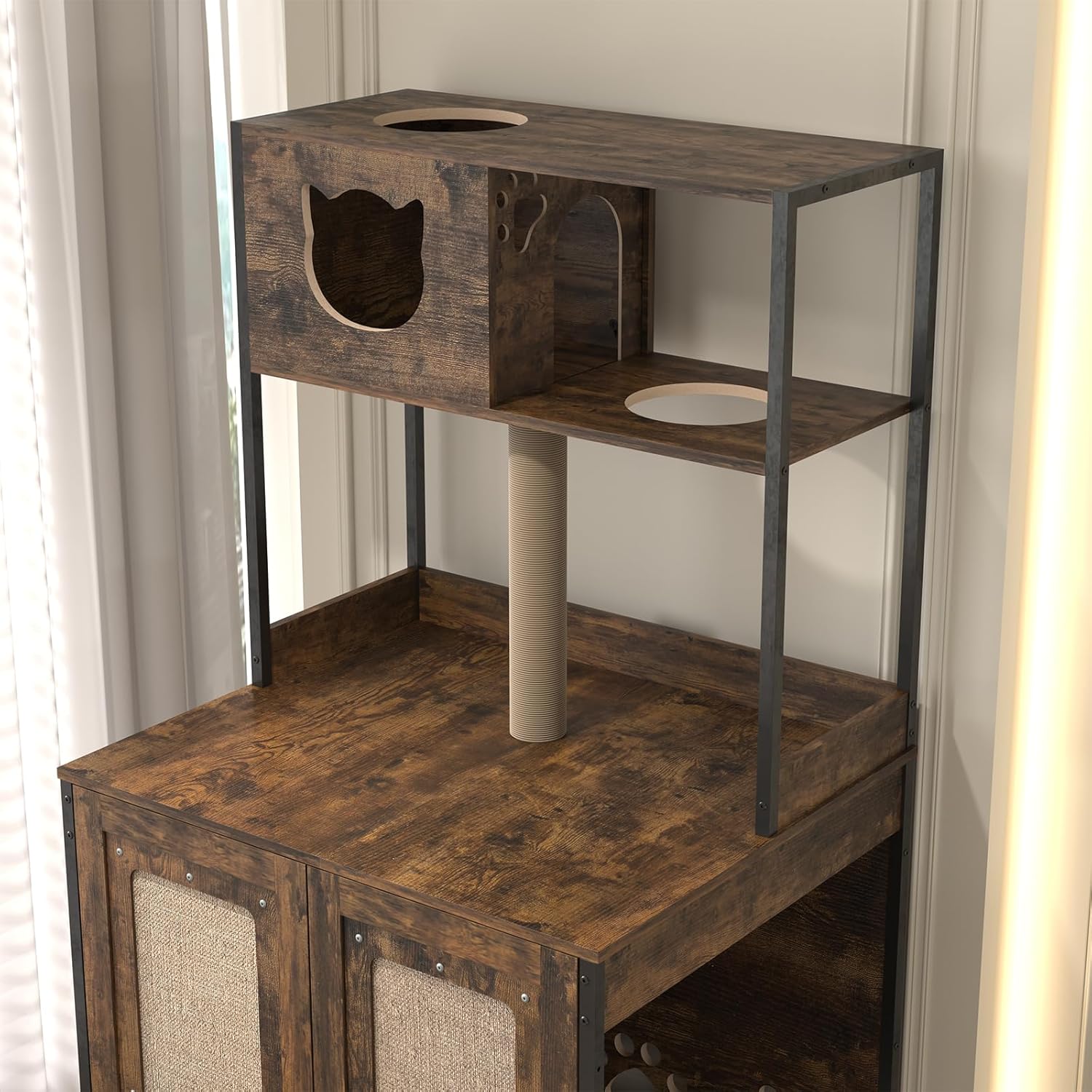 Cat Litter Box Enclosure,Large Litter Box Enclosure Furniture with Shelves&Sisal Cat Scratcher,Wooden Hidden Pet Furniture Cabinet for Self Cleaning Litter Boxes,Rustic Brown