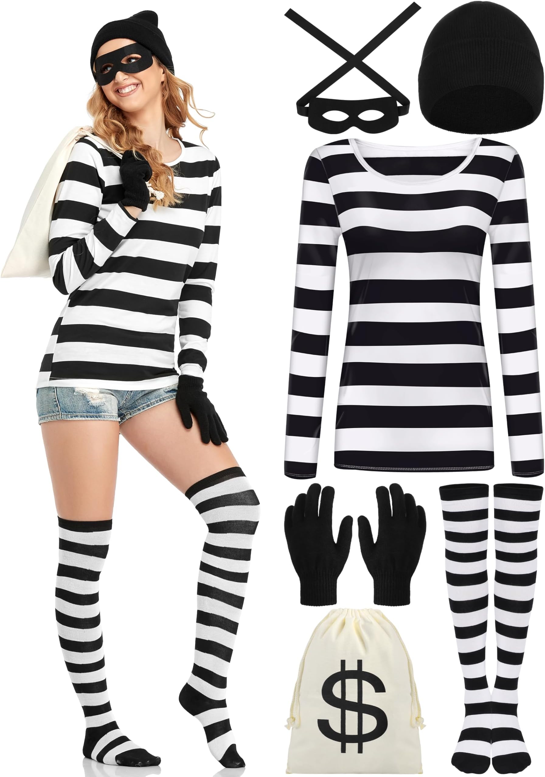 Women's Robber Costume Set Cosplay Thief Accessories for Halloween Party