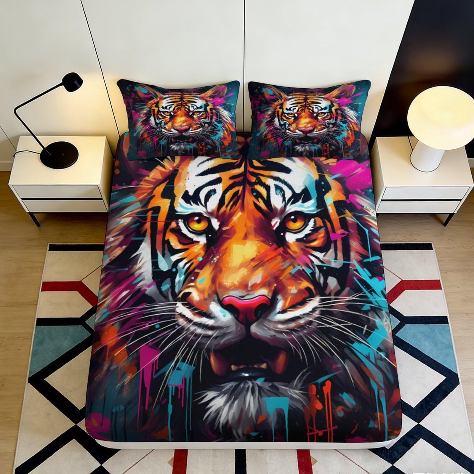 3D Printed Colorful Tiger Fitted Sheet Microfiber Soft Breathable Vibrant Tiger Face Bed Cover for Bedroom Dormitory Guest Room Mattress Protection 140x200x25cm