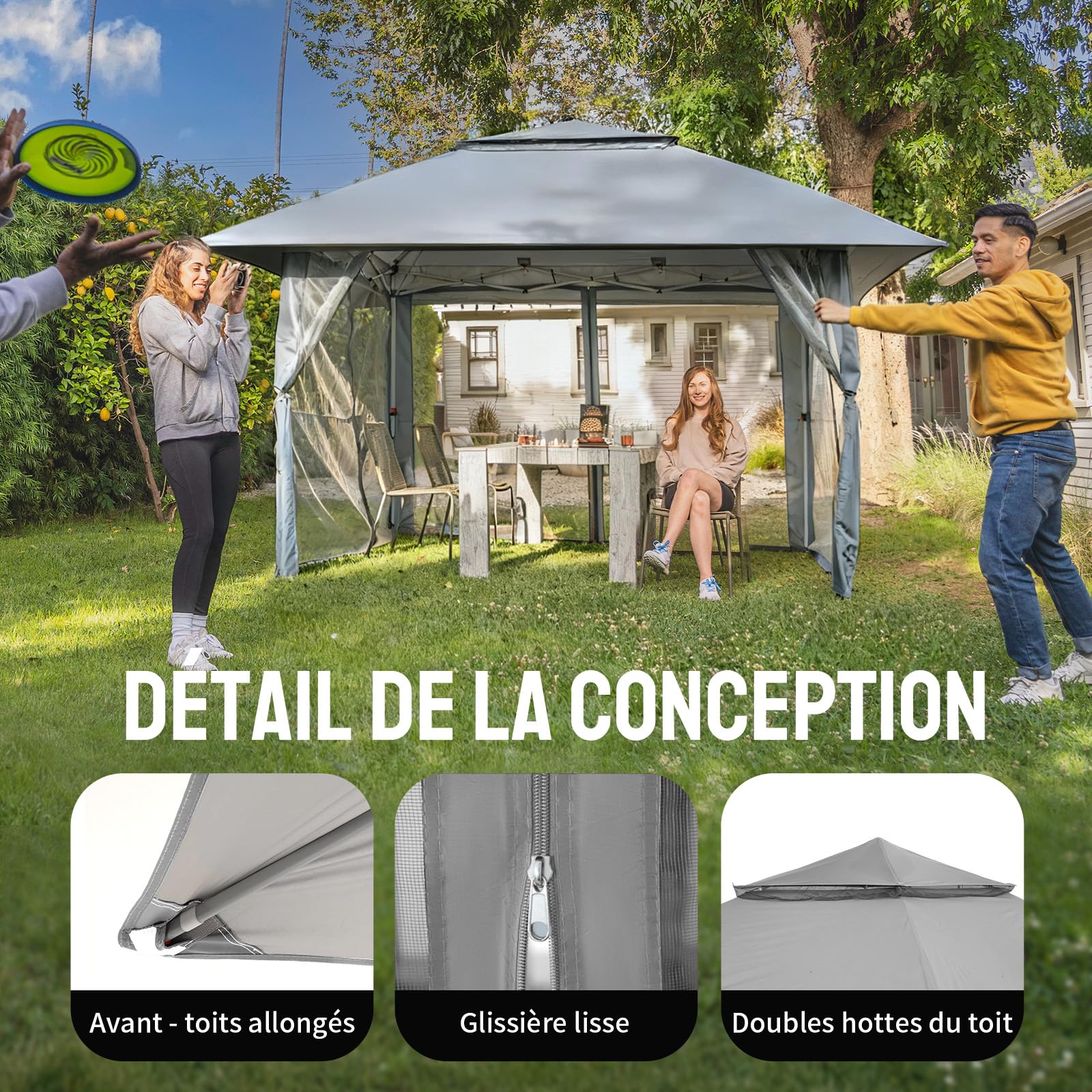 CROWN SHADES Tonnelle de Jardin 4x4 m Pop Up Gazebo Imperméable Abri Réglable en Hauteur Double Toit Côtés Maille Zippée Gris