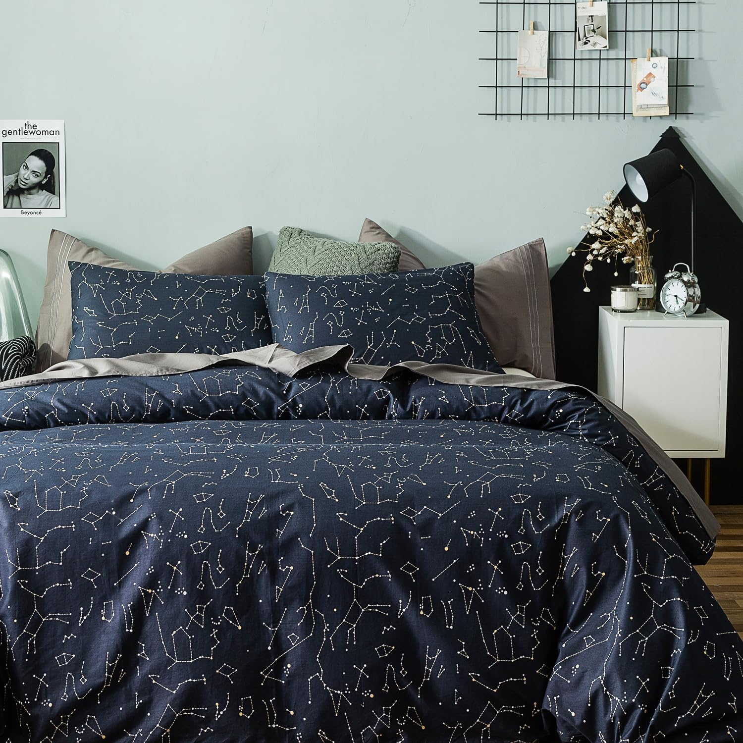 YuHeGuoJi Navy Celestial Duvet Cover Queen 100% Cotton 3 Pcs Set 1 Modern Blue Constellation Duvet Cover with Zipper Ties 2 Pillowcases Neutral Galaxy Stars Space Pattern Bedding Set Soft - Image 2