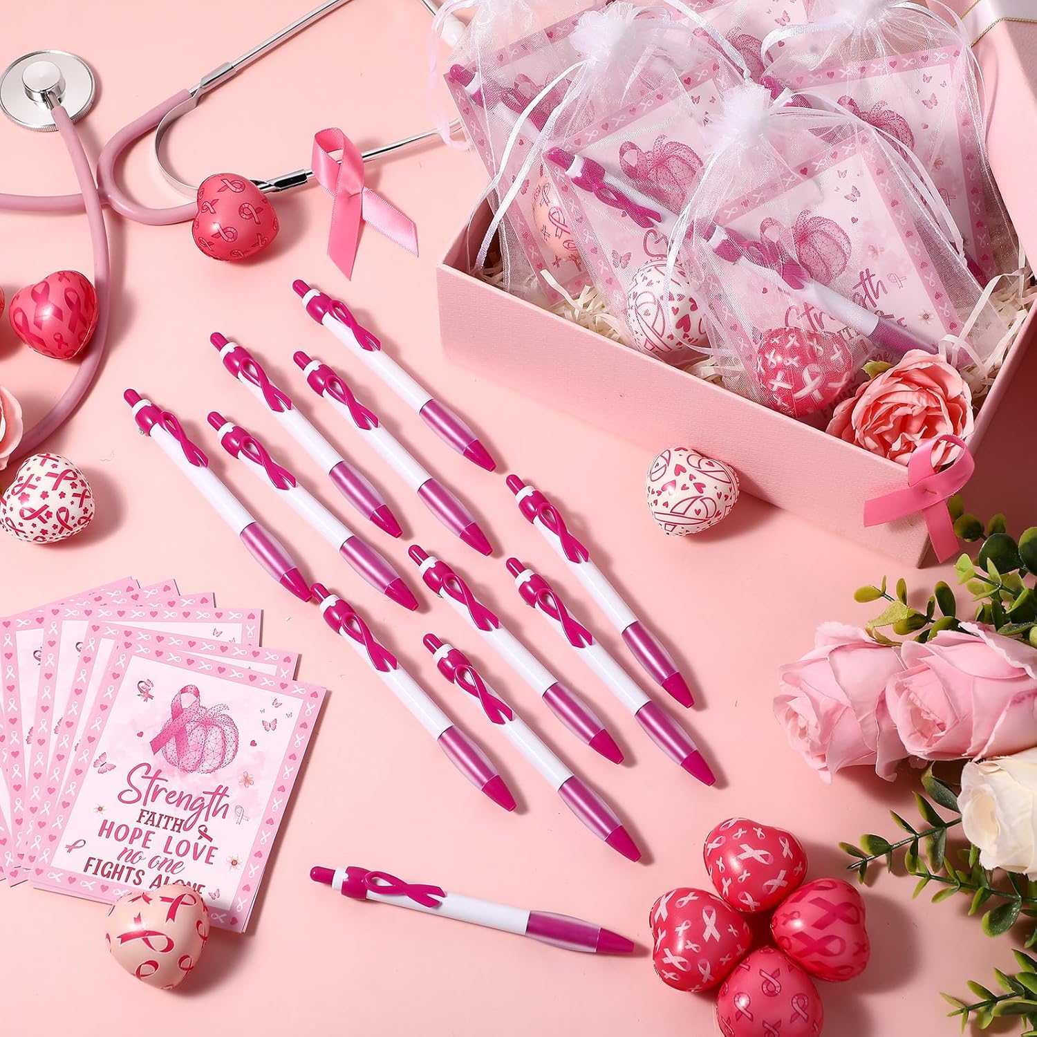 Spakon 128 Pcs Breast Cancer Heart Stress Ball and Ballpoint Pens with Gift Cards Set White Organza Bag Mini Stress Relief Fidget Gift Prizes for Party Favors