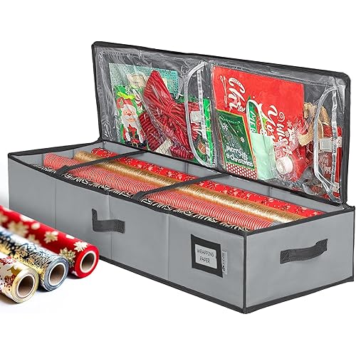 Premium Wrapping Paper Storage Container -Durable Material 600D tear-proof - Fits up to 27 Paper Rolls -Extra Pockets for Ribbons & Bows. Underbed Gift Wrap Organizer, Ideal for Holiday Christmas, etc
