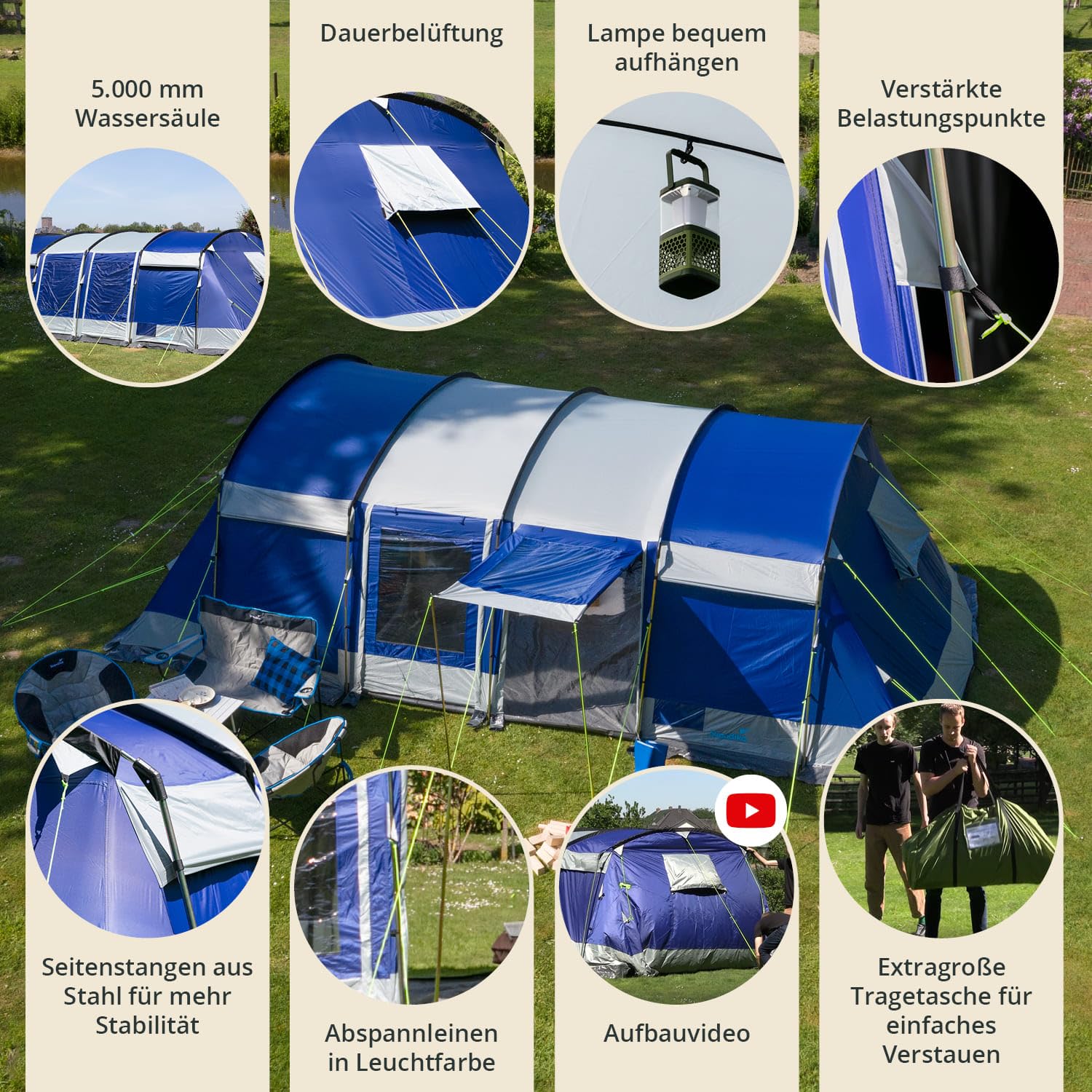 Skandika Tunnelzelt Montana 10 Personen | Camping Zelt mit/ohne eingenähten Zeltboden, mit Sleeper Technologie, 3-4 Schwarze Schlafkabinen, 5000 mm Wassersäule, Moskitonetze | Familienzelt