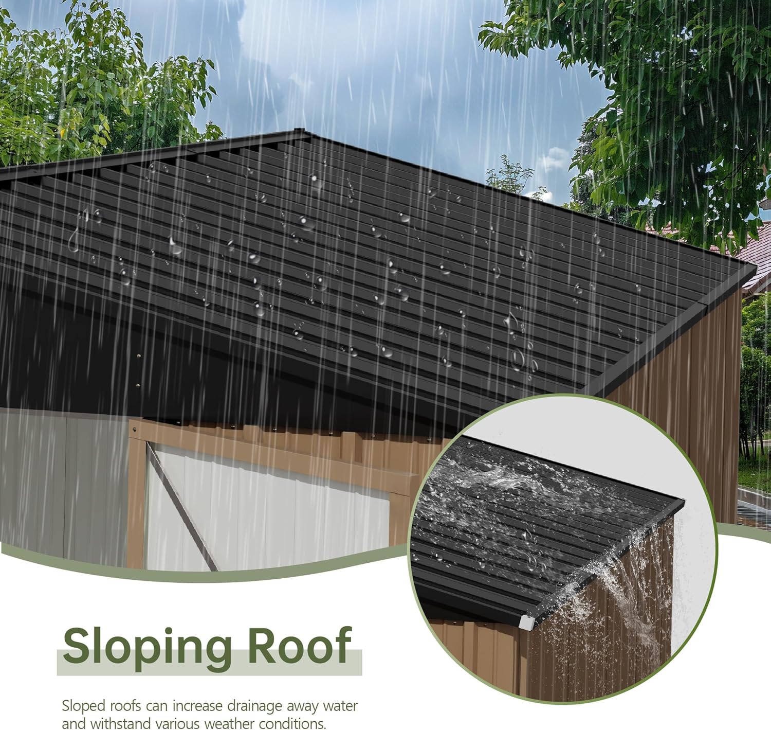 Close-up of the sloping roof design on the Devoko storage shed with rainwater running off