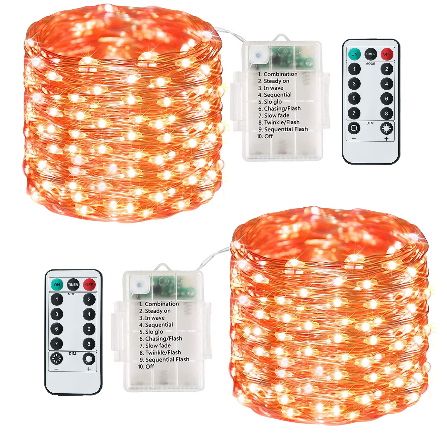 Lezonic Battery Fairy Lights, 2 Pack 120LED String Lights Battery Operated, 8 Modes Copper Wire Fairy Lights Waterproof for Indoor/Outdoor Bedroom Party Wedding Christmas Decoration (Orange) — image 1