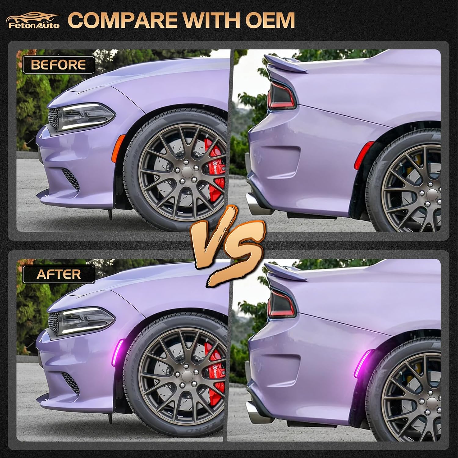 Dynamic Pink Purple LED Side Marker Lights for Dodge Charger 2015 2016 2017 2018 2019 2020 2021 2022 2023 2024 Front Rear Bumper Sequential Signal Lamps, 4PCS Smoked Lens
