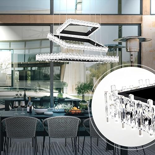 Miniatura 7 de Candelabro moderno para comedor, lámpara de cristal moderna de lujo, lámpara rectangular de 3 anillos, lámpara colgante LED para comedor, lámpara