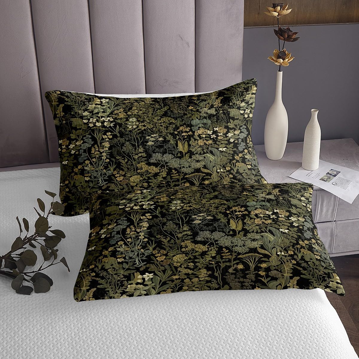Retro Botanical Bedspread Queen Size,Dark Green Leaves Bedding Sets 3Pcs for Kids Teens Adult Room Decor,Tropical Fern Plants Comforter Set Rustic Farmhouse Style Quilt Coverlet,2 Pillowcases