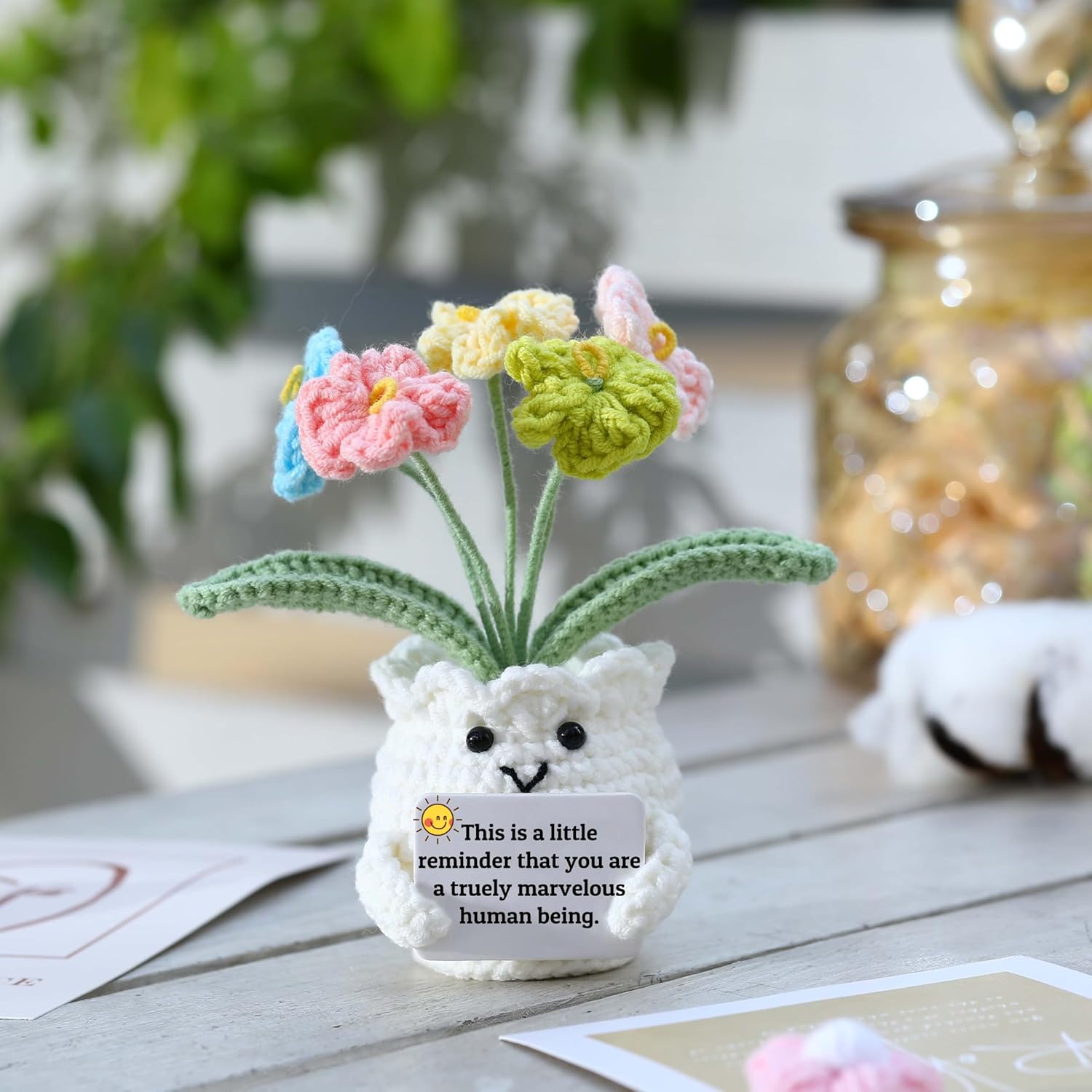 YOOJEE Forget-Me-Not Positive Crochet Flowers Plants Gift Handmade Desk Decor with Card “This is a Little Reminder” Appreciation Inspirational Gift for Coworkers Women Employee Teacher Best Friend Mom - Image 8