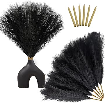 Vijiv Eco-Friendly Black Artificial Pampas Grass Bundle 6 Stems 24" - Luxury Boho Chic Wedding Centerpieces Decor, Realistic Fluffy Texture for Dark Aesthetic Decor - Photoshoot/Gothic Home Styling