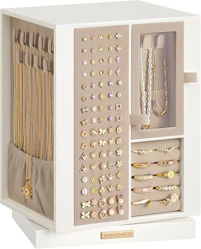 SONGMICS Jewelry Box Organizer, 360° Rotating, 4 Drawers, Cloud White