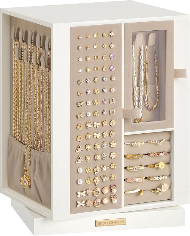 SONGMICS Schmuckkästchen, um 360° drehbar, Schmuckbox mit 4 Schubladen, Schmuckaufbewahrung, für Halsketten, Armbänder, Ringe, Ohrringe, Geschenkidee, cremeweiß JBC211WD01