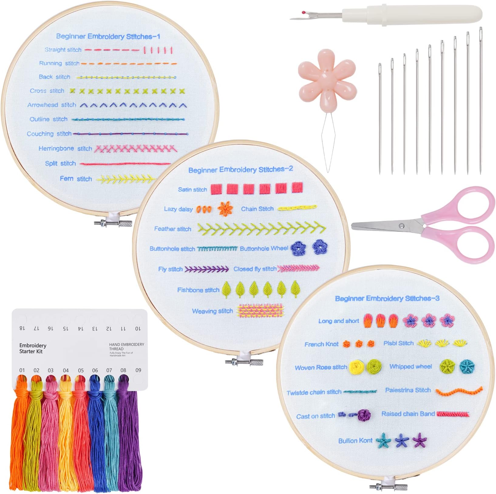 Lystaii Beginners Embroidery Stitch Practice kit, 3 Sets Embroidery Kit for Beginners to Learn 30 Different Stitches for Craft Lover Easy to Follow with Instructions Embroidery Skill Techniques