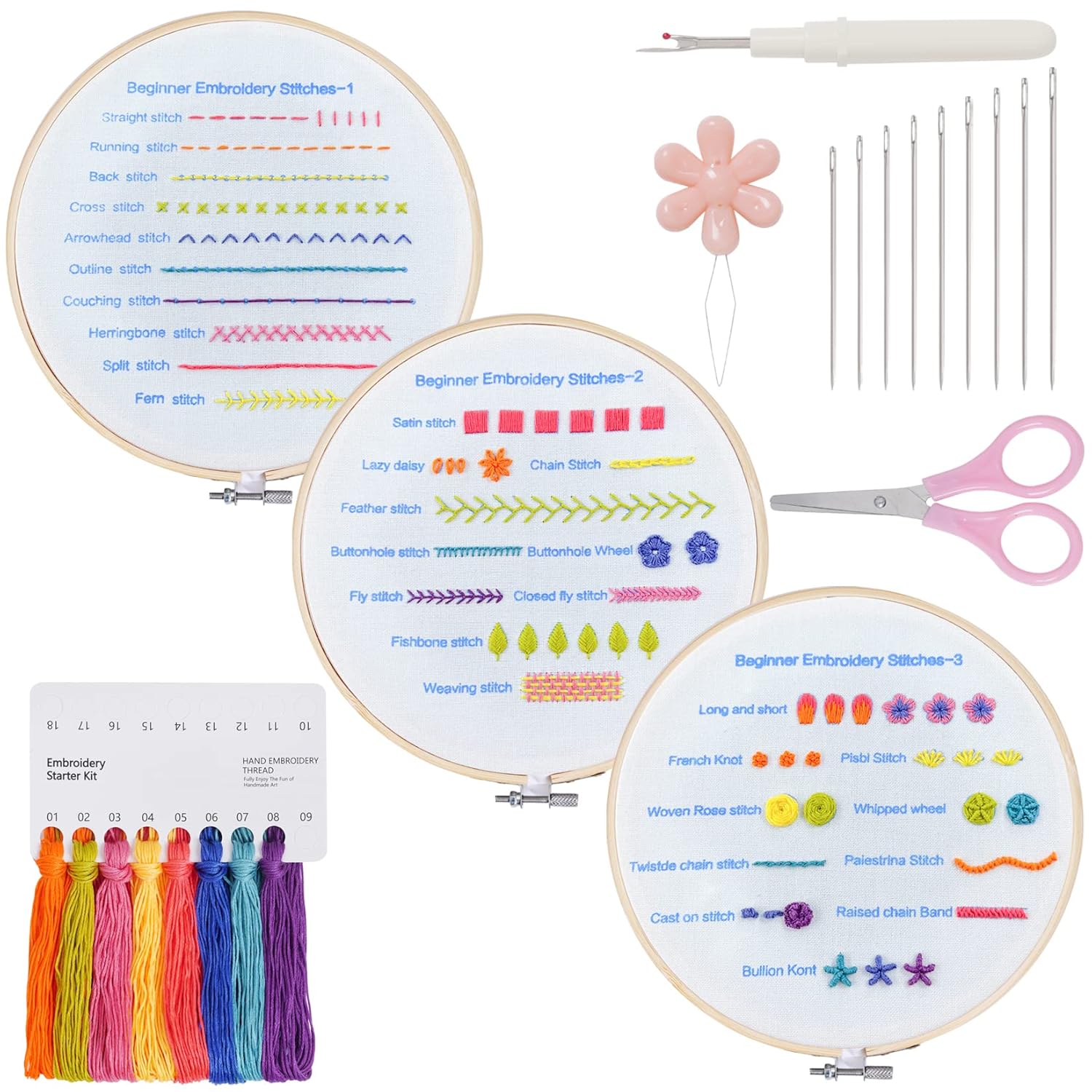 Lystaii Beginners Embroidery Stitch Practice kit, 3 Sets Embroidery Kit