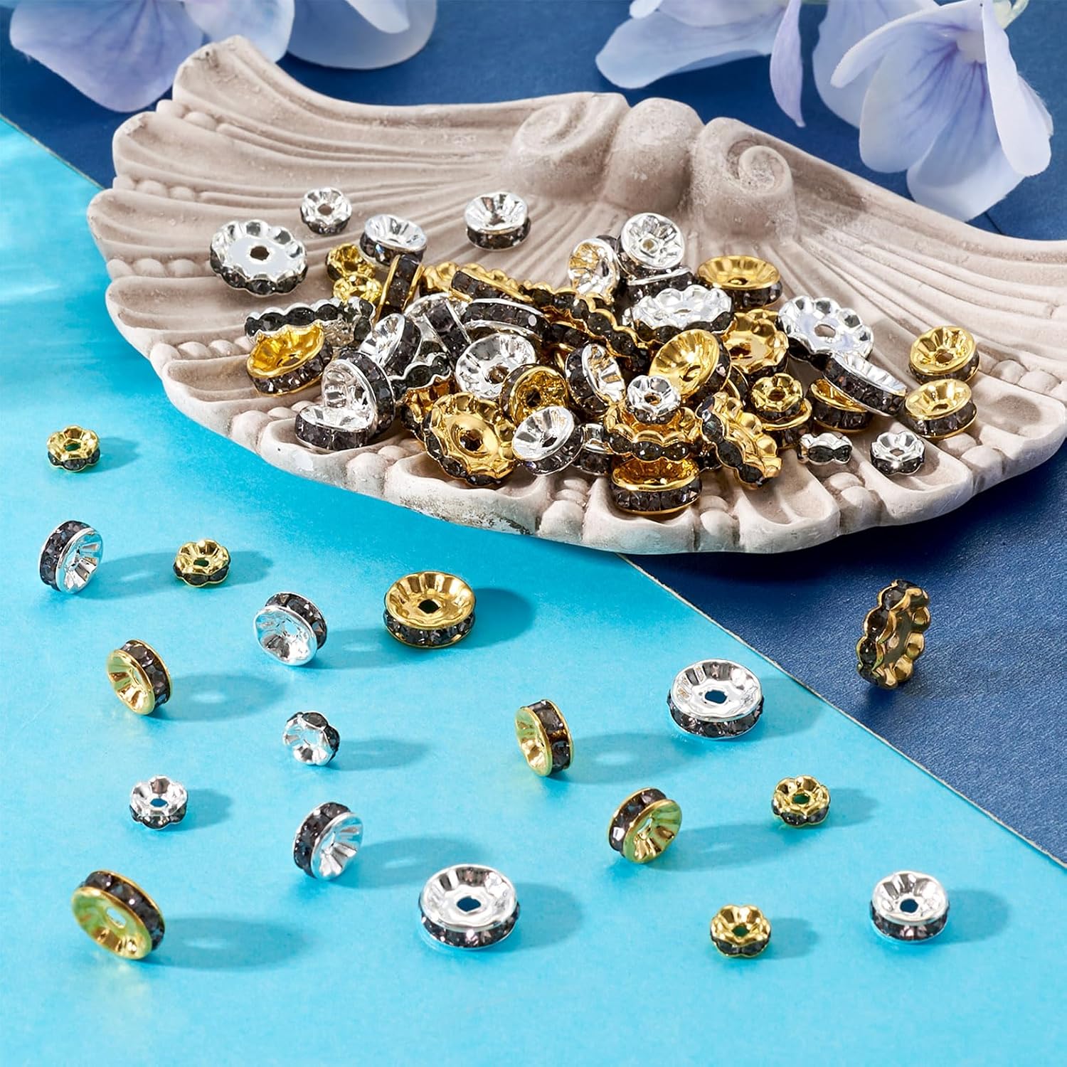 Craftdady 120Pcs Rhinestone Spacer Beads European Rondelle Bead Crystal Shiny Beads Golden Black Wavy Edge Loose Bead 6mm-12mm for Crafts DIY Bracelet Necklace Earring Jewelry Making - Image 5