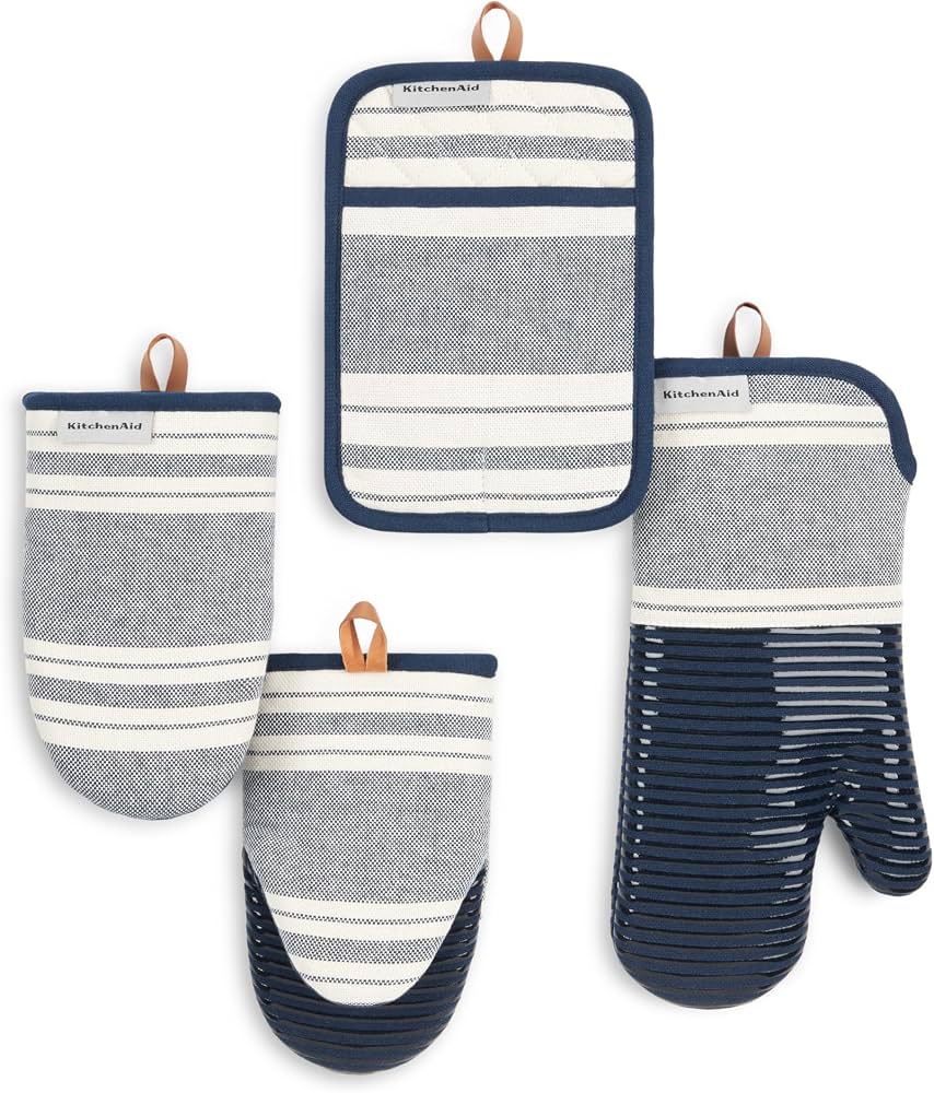 KITCHENAID Vintage Stripe Oven Mitt, Mini Oven Mitt & Pot Holder 4-Pack, 100% Cotton, Heat Resistant, Ink Blue/Ivory, 7"x14", 5.5"x9" & 7"x10"