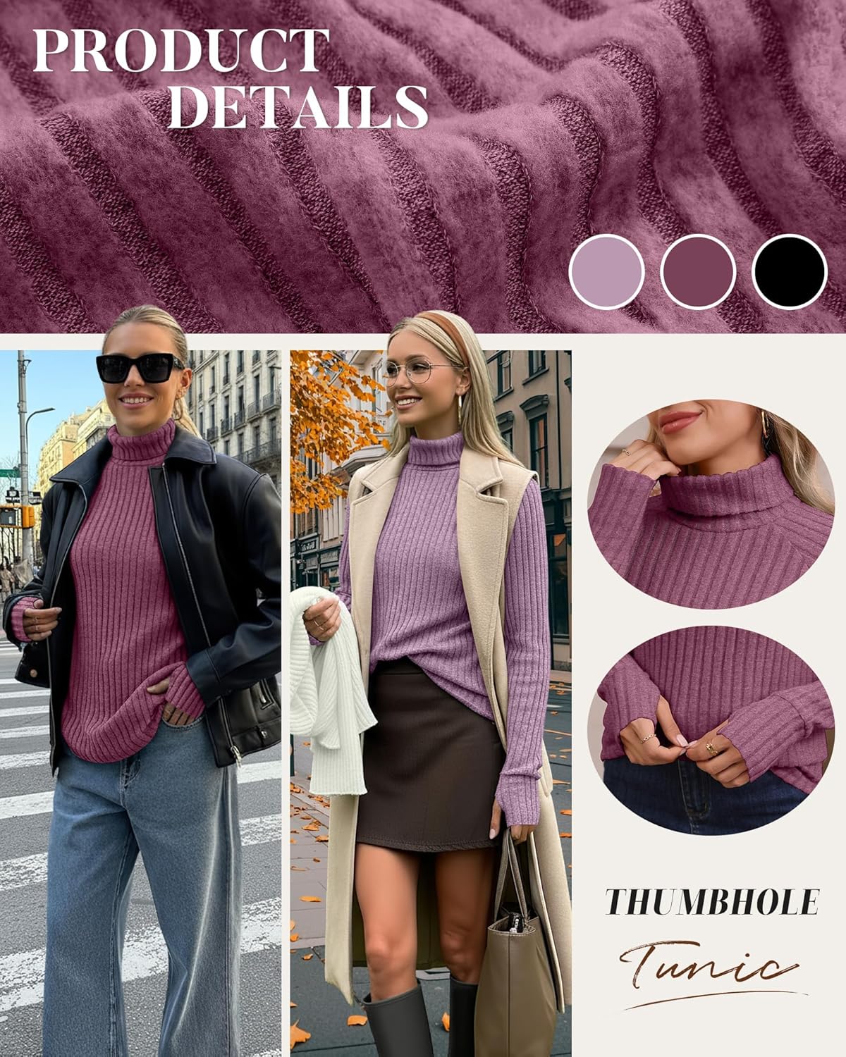 Ficerd 3 Pack Women's Turtleneck Long Sleeve Tunic Sweater Thumbhole, Ribbed Raglan Curved Hem Knit Shirts Loose Fall Winter - Image 4
