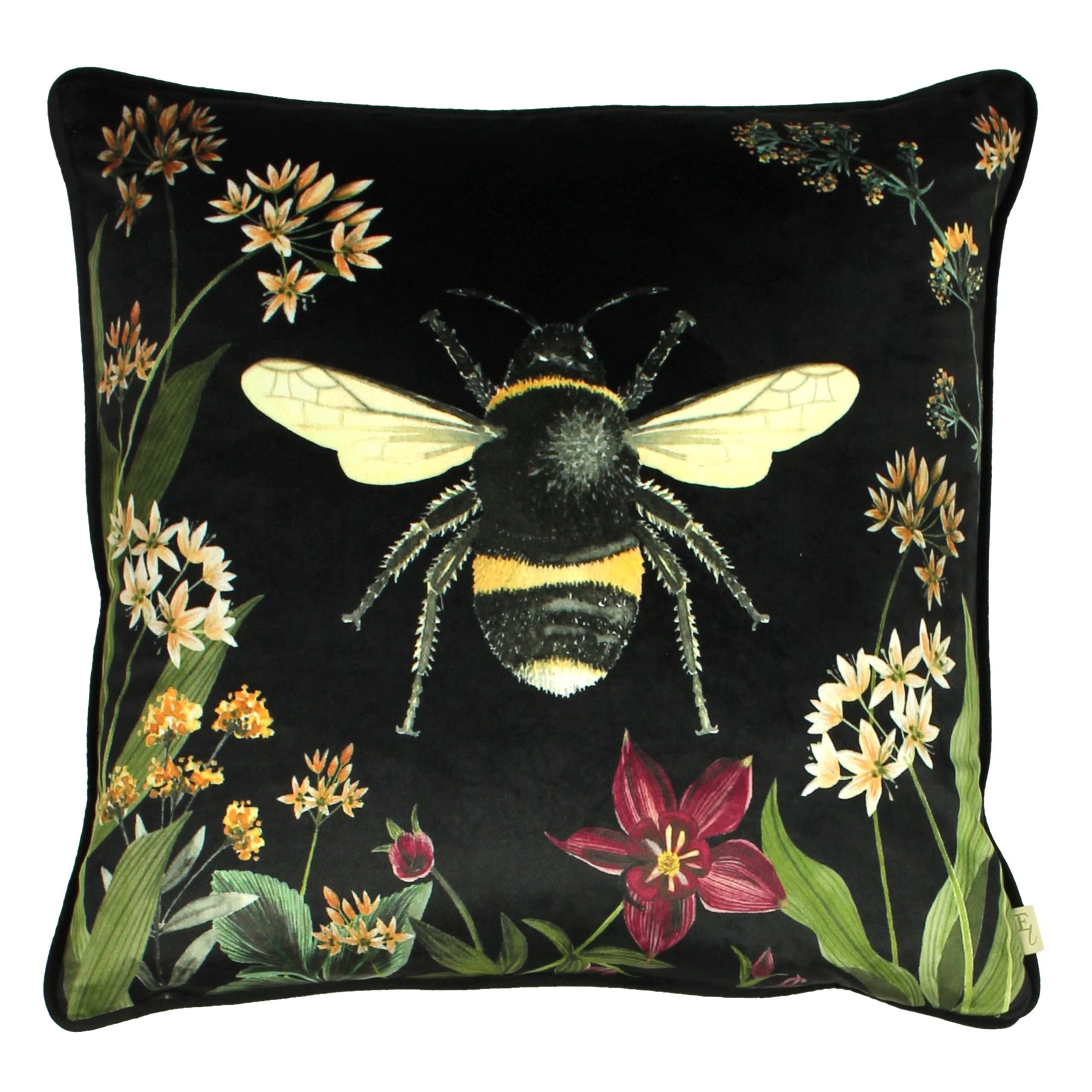 Midnight Garden Bee Printed Cushion - Velvet - 43cm x 43cm - Black