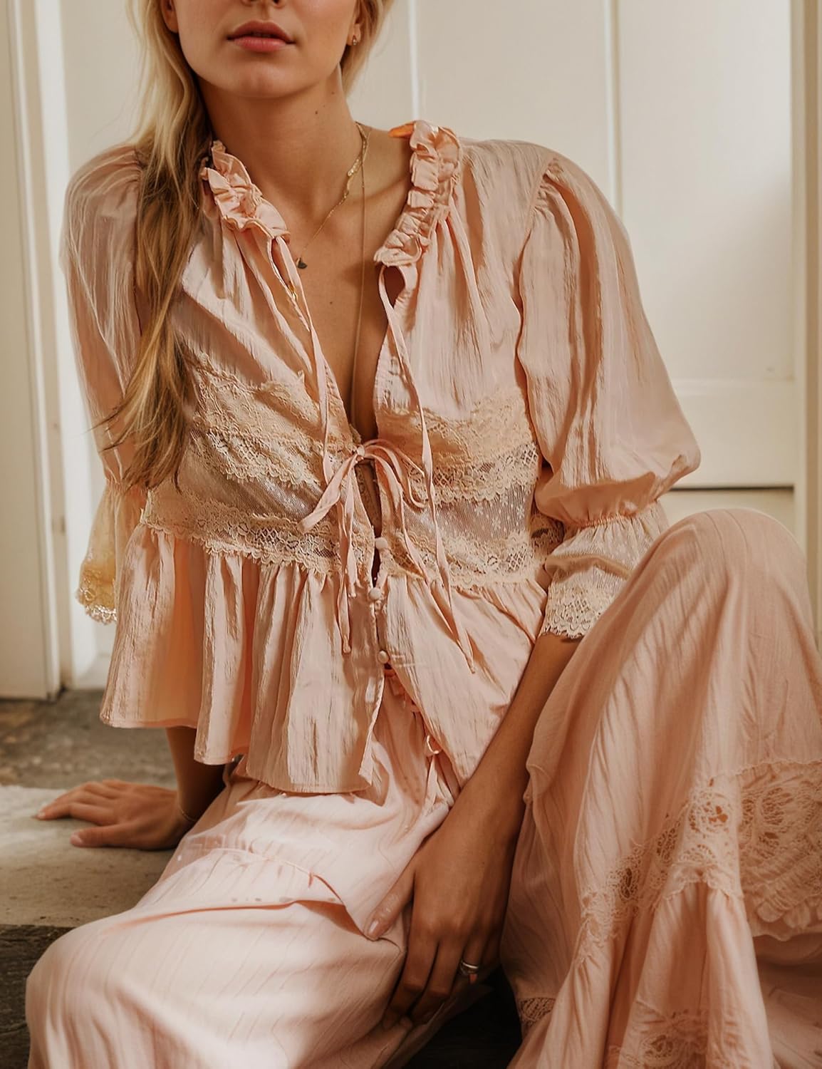 Women Tie Front Ruffle Boho Tops Lace Sheer Flowy Peasant Blouses Y2k Short Sleeve Lace Crop Shirt for Cute Going Out Top - Image 2