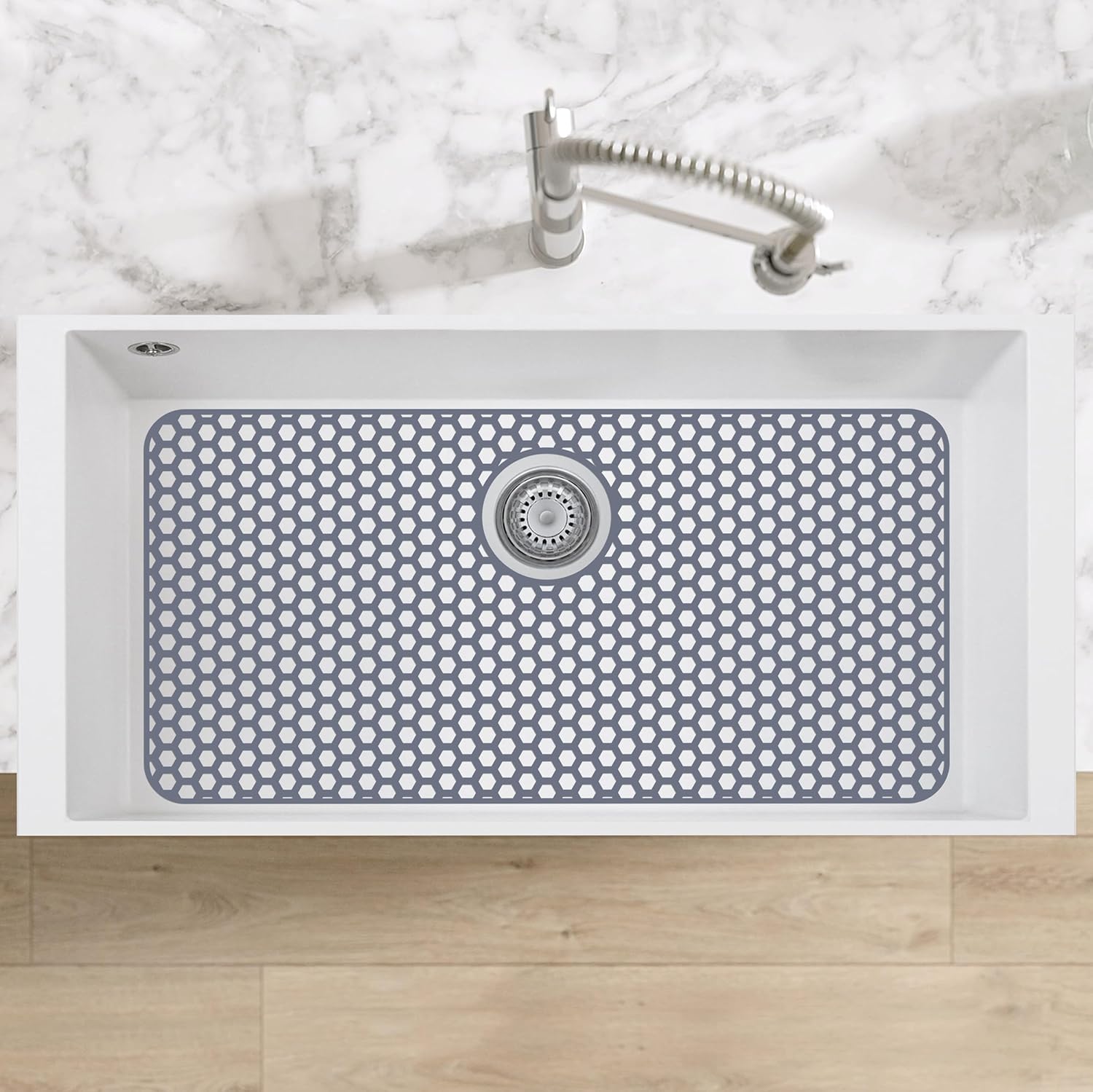 Bestjing Silicone Sink Protectors for Kitchen Sink with Rear Drain - 28.3"x 15.7" Kitchen Protector Accessory, Non-Slip Heat Resistan Mat for Bottom of Farmhouse Stainless Steel Porcelain(Gray)