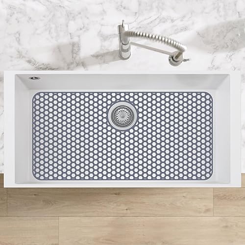 Miniatura 152 de Paquete de 2 tapetes de silicona para fregadero de 13.58 x 11.6 pulgadas, protectores para fregadero de cocina con drenaje central, rejilla Gris