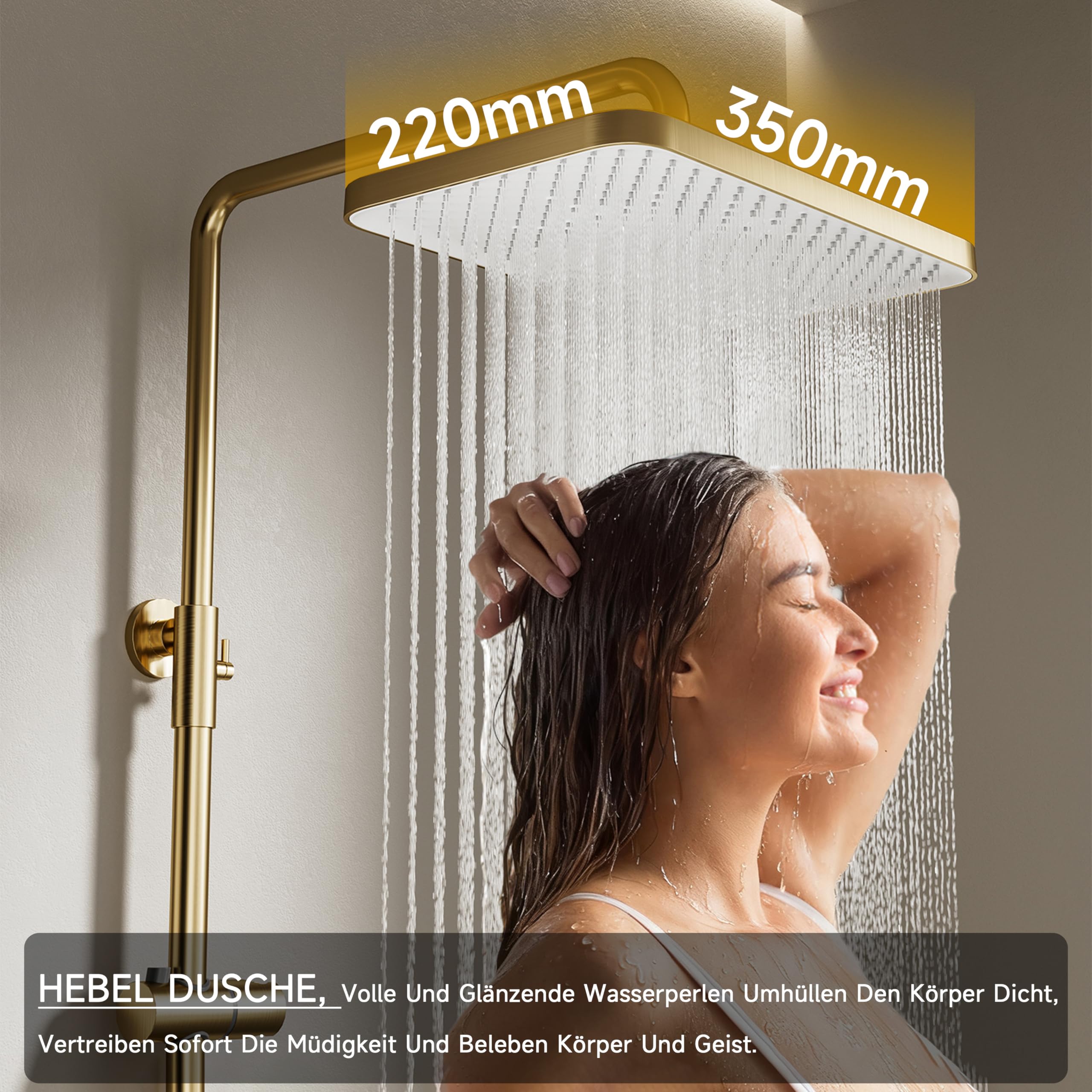 Duschsystem Gebürstetes Gold, 4-Funktionen-Duschset mit Thermostat | Ausgestattet mit einer 350 × 220 mm großen Kopfbrause, einer Handbrause, einer Sprühpistole und einem unteren Wasserauslass