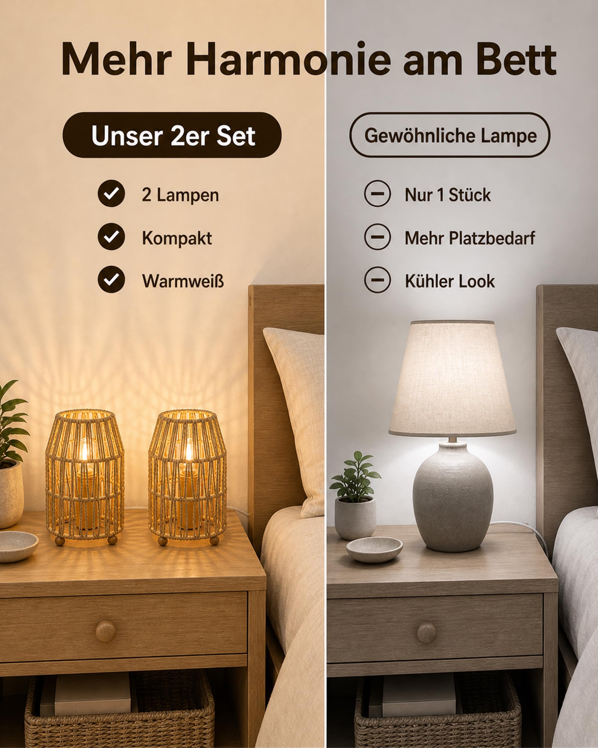 LANMOU Mała lampka nocna, zestaw 2 szt., plecionka papierowa, E27, vintage retro | 5 W LED, 3000 K ciepła biel, do sypialni i salonu
