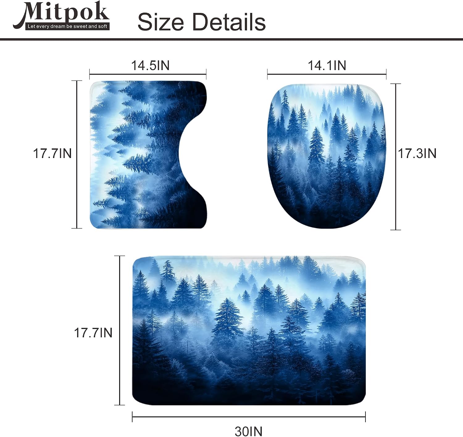 4 PCS Blue Misty Woodland Shower Curtain Set 72Wx72H Pine Tree Nature Fog Bathroom Set Non-Slip Bath Rug Toilet Lid Cover U Shape Mat Complete Bathtub Accessories with 12 Hooks Bathroom Decor