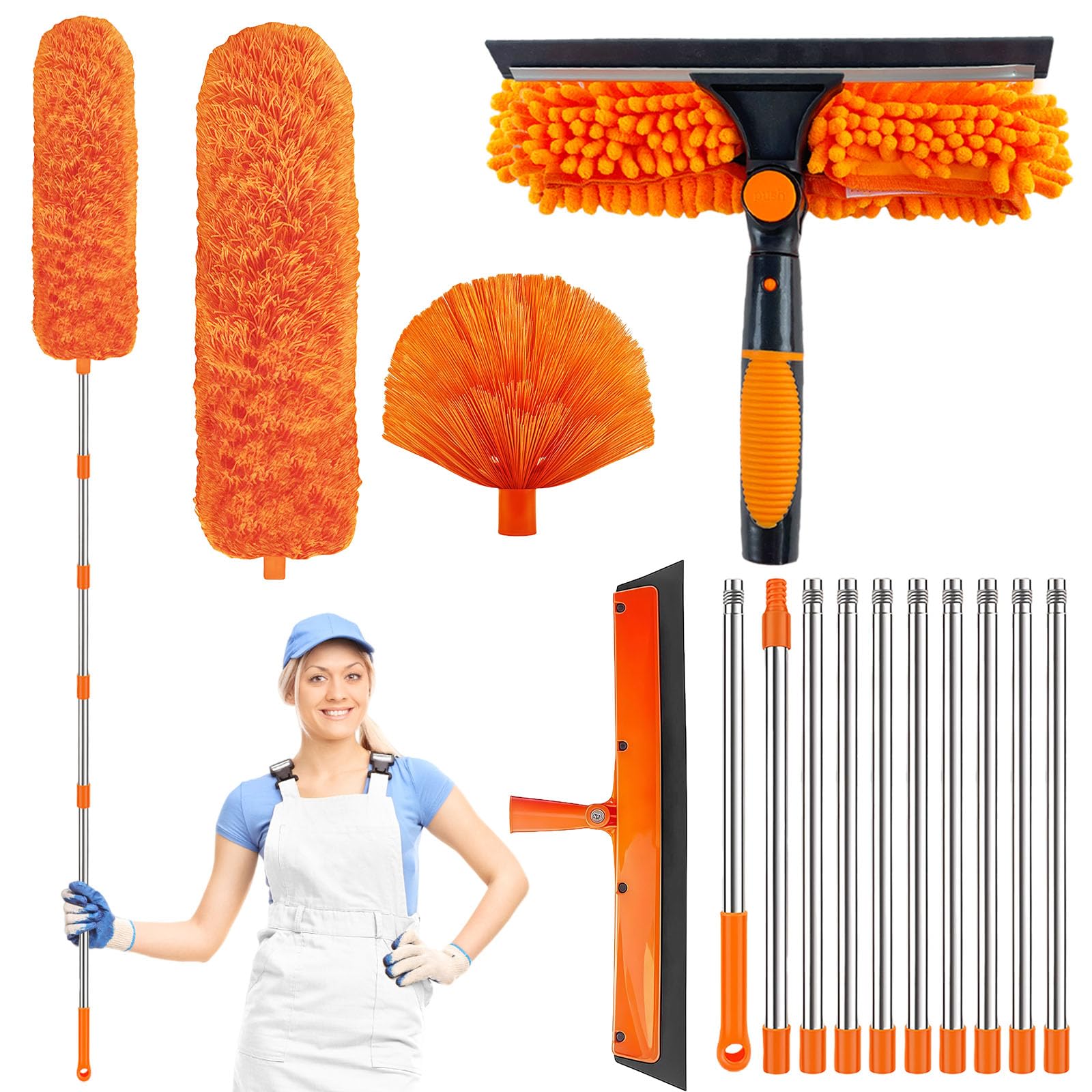 GAESHOW Kit limpiacristales telescópico 4 m, Limpiador de Cristales 2 en 1 con Cepillo de Microfibra y espátula de Goma, Cepillo para la Limpieza de Ventiladores de Techo