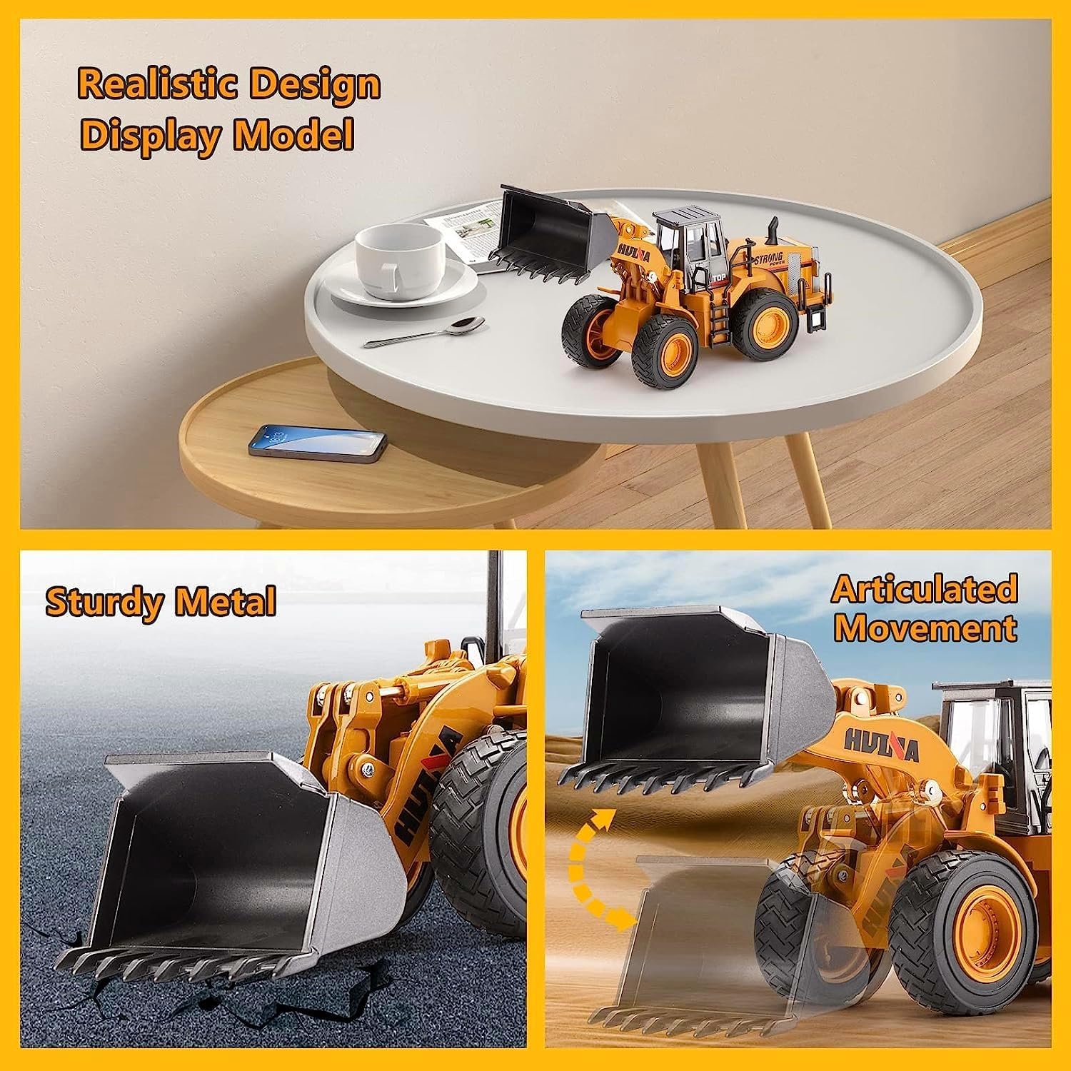Gemini&Genius Loader Truck Toy for Kids, Alloy Construction Vehicle Bulldozer 1/40 Wheeled Vehicle Toys for Kids, Multiarticular Moveable Toy for Play, Display (Classic Front Loader)