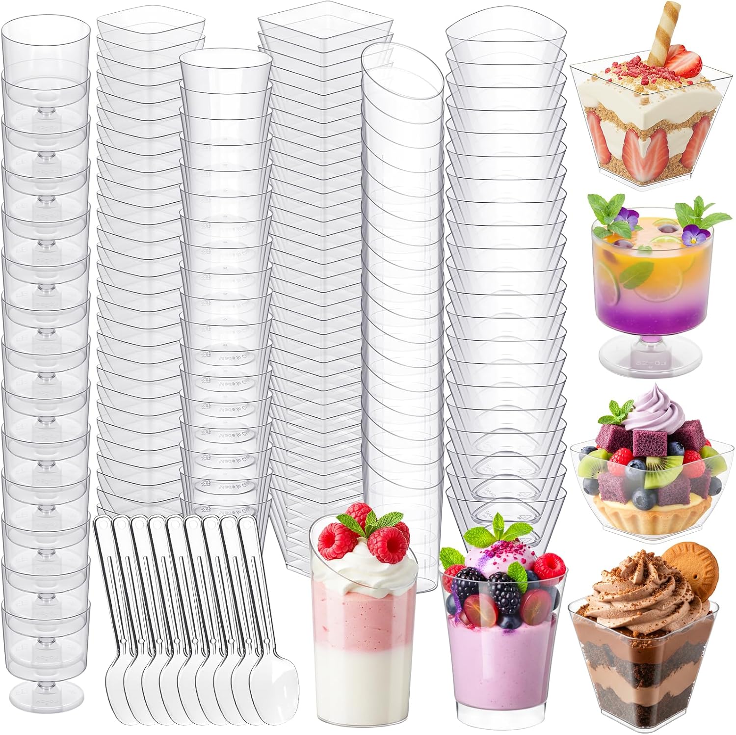 400 Pcs Mini Dessert Cups with Spoons, 6 Styles Plastic Dessert Cups, Clear Vasitos Para Postres for Party Wedding, Disposable Shooters Cups Serving Fruit Cake Pudding Ice Cream