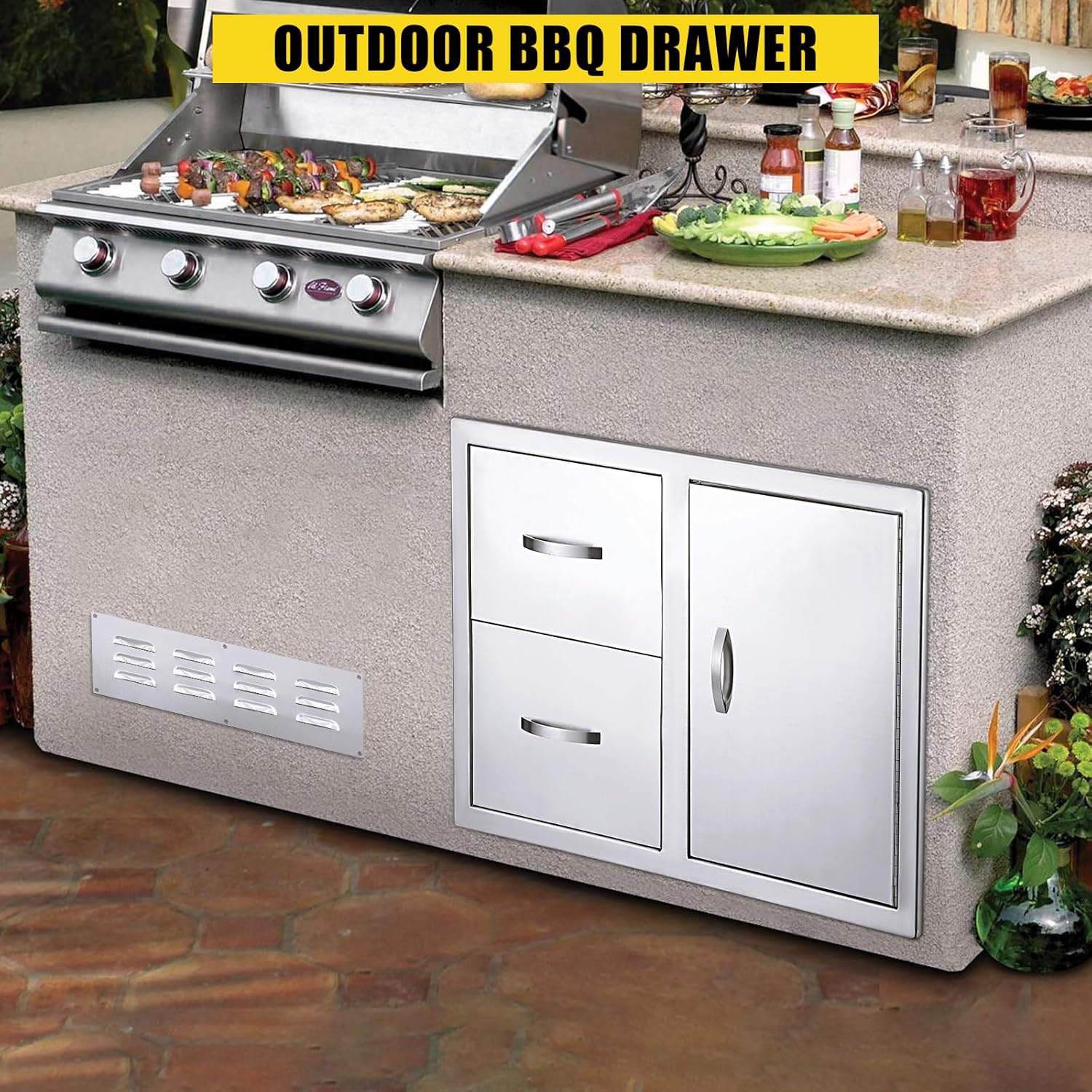 Outdoor Kitchen Drawers 33''W x 22''H x 22''D, BBQ Access Door Drawers Combo with Stainless Steel with Paper Towel Rack, for Outdoor Kitchen