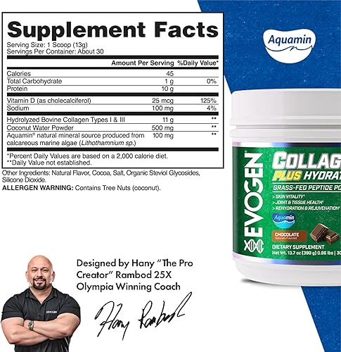 Miniatura 3 de Evogen Collagen Plus Hydration - Colágeno alimentado con pasto para mujeres y hombres  Péptidos de colágeno en polvo  Colágeno en polvo que apoya la