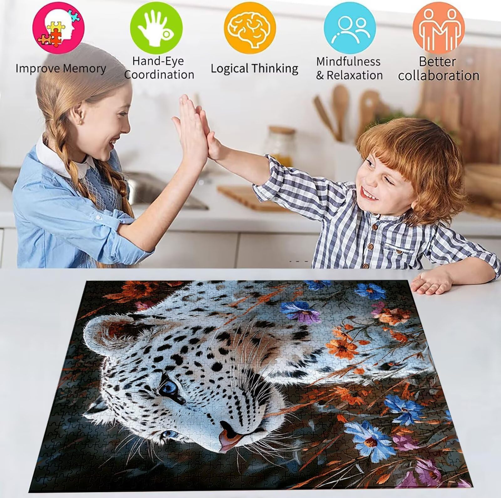Puzzle 2000 Pezzi, 3 4 5 Anni Puzzle Leopardo 6 7 8 Anni Giochi Educativi Sostenibili Con Motivi Per Adulti Da Gioco in Legno Di Alta Qualità Jigsaw Fiore per Gioco Familiare, Regalo Natale H-3677