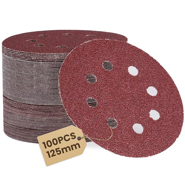 100 sztuk papieru ściernego 125 mm na rzep – 8-otworowe tarcze szlifierskie do szlifierek mimośrodowych, ziarnistość 40/60/80/120/180/240/320/400, pasuje do szlifierek mimośrodowych i szlifierki