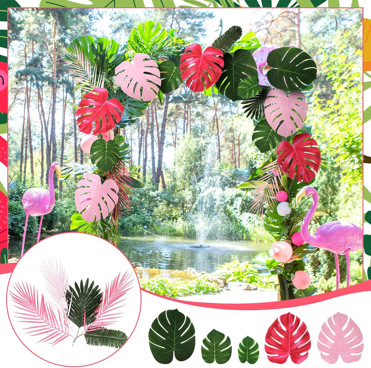 Giegxin 46 Pcs Tropical Artificial Palm Leaves Monstera Decoration Green Hot Pink Set for Flamingo Luau Hawaiian Aloha Theme Party Summer Beach Tropical Birthday Baby Shower Wedding Decor(Pink)