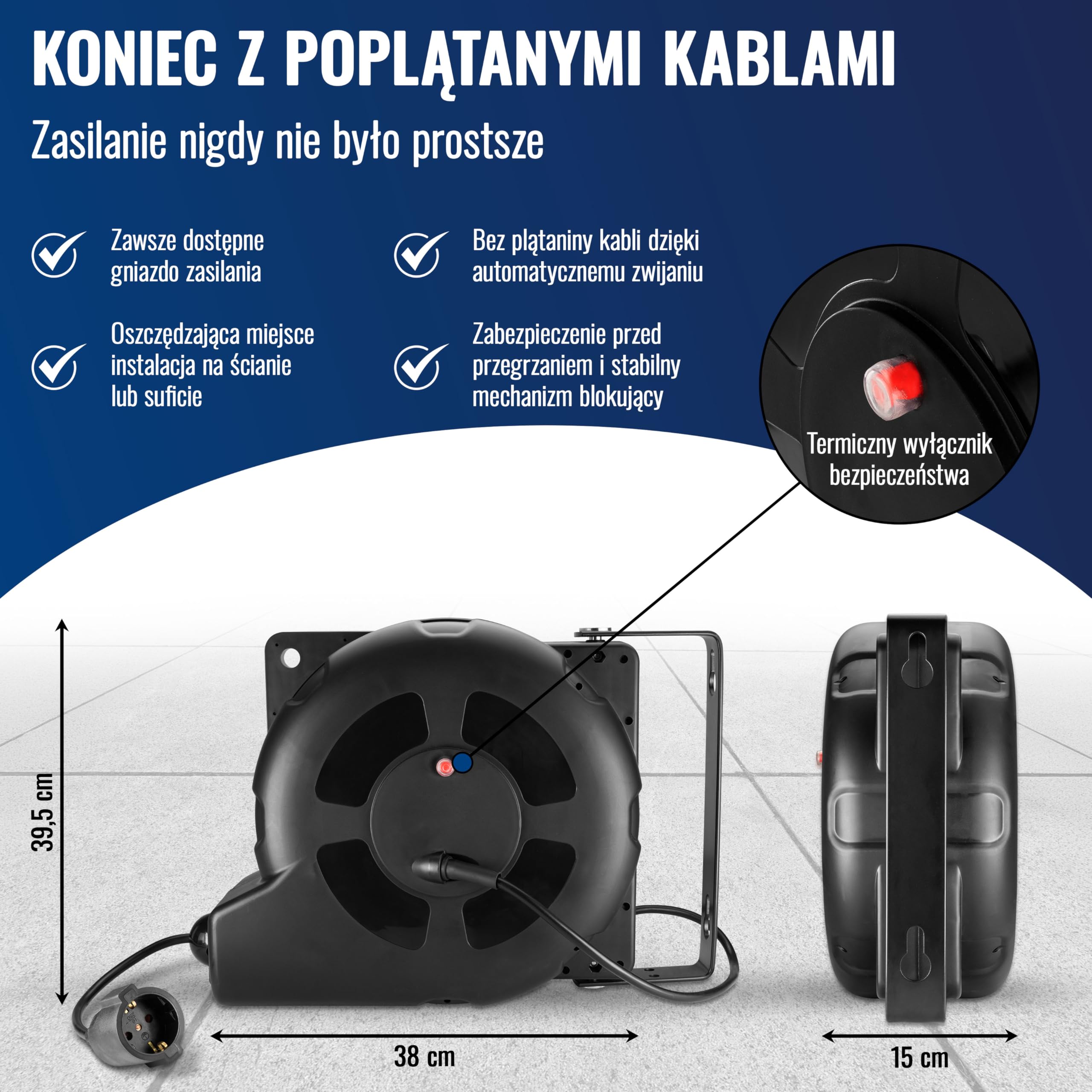 Poppstar automatyczny zwijacz kabli 20m + 2m (maks. 3000W), automatyczna szpulka kablowa samozwijająca IP20 ze wyłącznikiem termicznym
