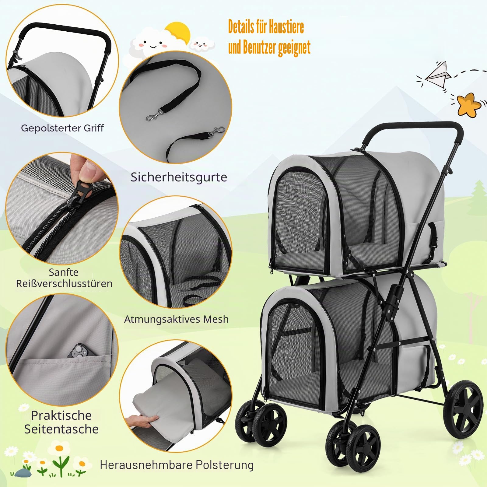 GYMAX 2 Etagen Hundebuggy, Katzenwagen für 2 Katzen/Hunde, Hundewagen mit 2 abnehmbaren Hundebox, Netzgewebe & 360° Drehrädern, faltbar Haustierwagen bis 16kg (Grau)