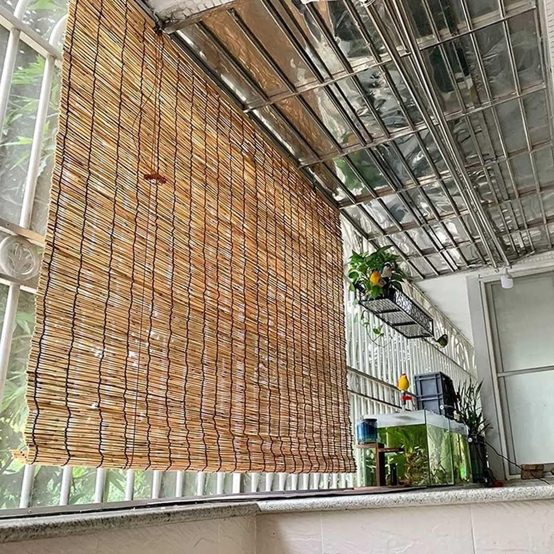 窓用天然すだれ 目隠し竹カーテン リフト装置付き 屋内と屋外 竹ローラーブラインド 間仕切り竹簾 日焼け止め葦のカーテン 風通し-暑