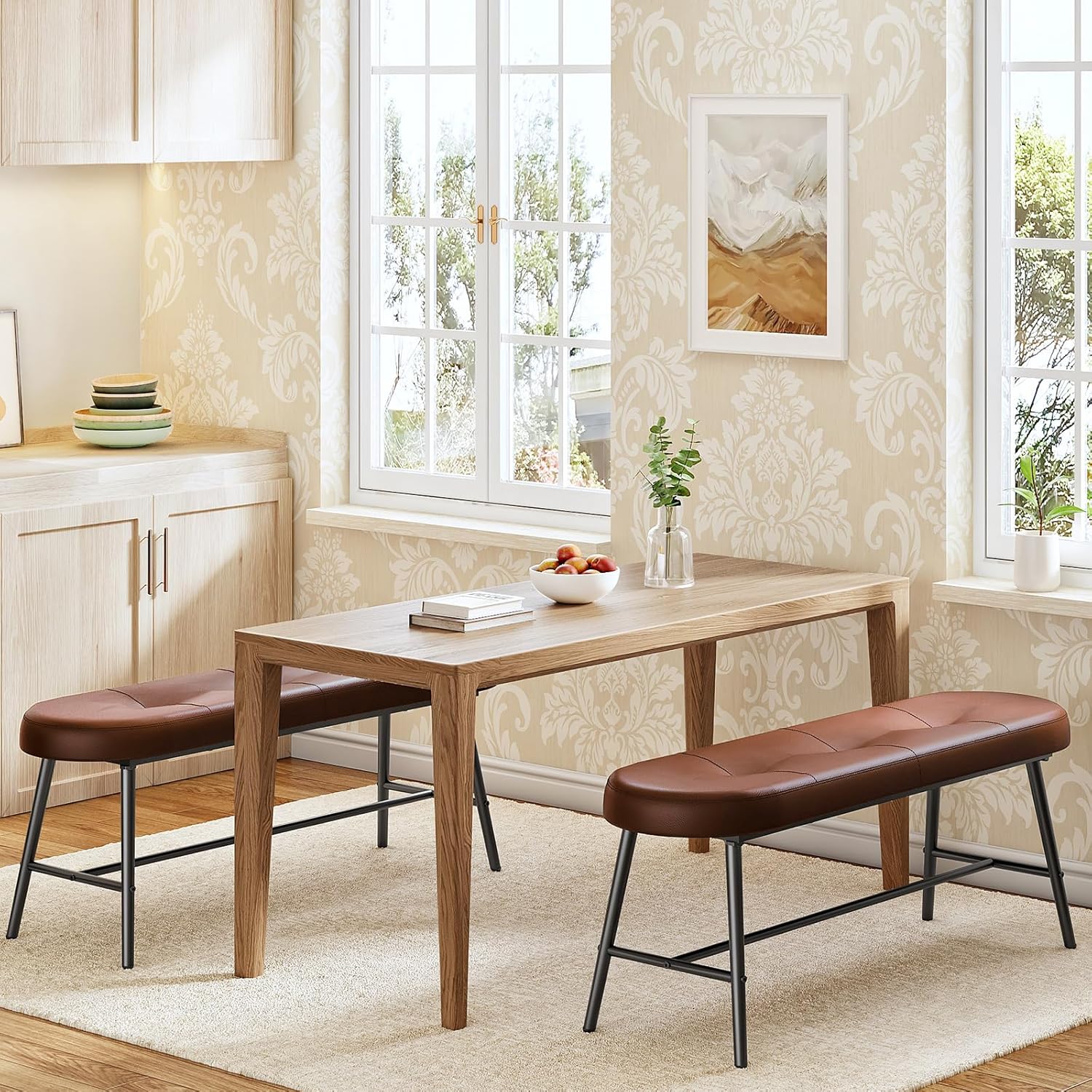 HOOBRO Dining Bench, Upholstered Kitchen Table Bench, Dining Room Bench with PU Leather Padded Seat, Steel Frame, Easy to Assemble, for Kitchen, Dining Room, Bedroom, Brown and Black CB100CD01G1