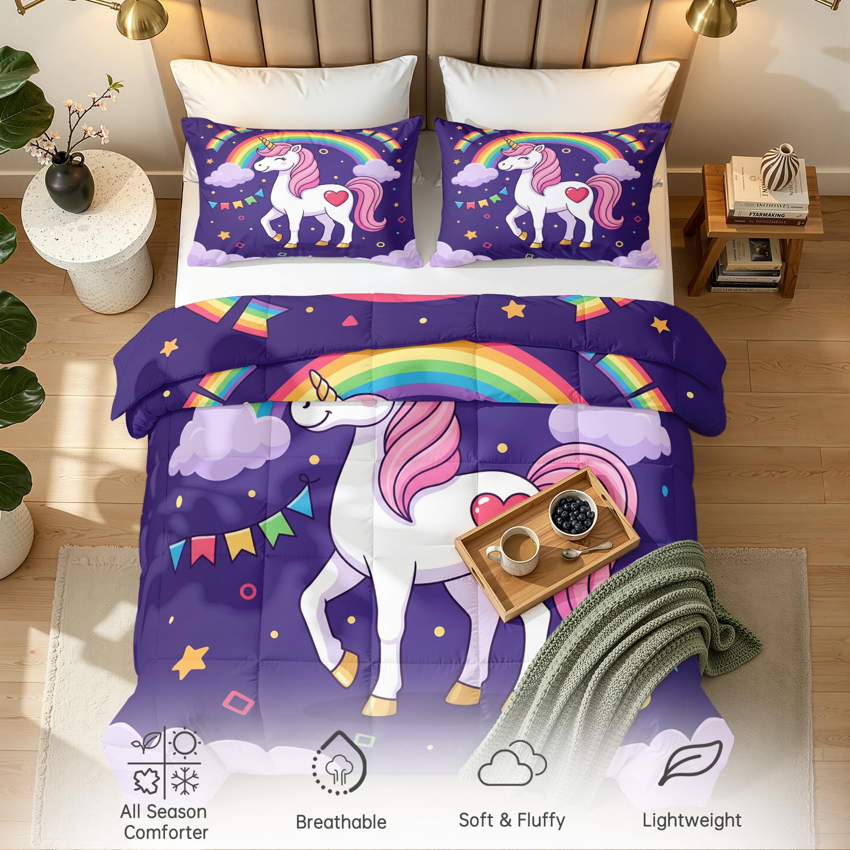 Einhorn Kinder Bettdecke 135x200 - Mädchen Regenbogen Wolken Deko, 4 Jahreszeiten Bettdecken 135 x 200, Steppdecke Ohne Bezug Nutzbar, Warme & Weiche Ganzjahresdecke mit 1 Kissenbezug