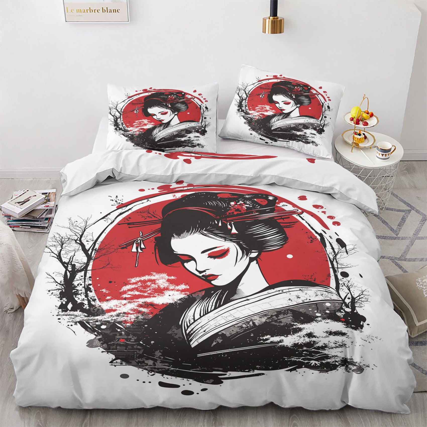 Housse de couette 220x240 cm ambiance chambre zen avec parure de lit Japon